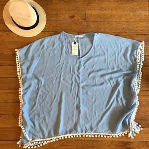 Light blue beach cover up with Pom Pom trim